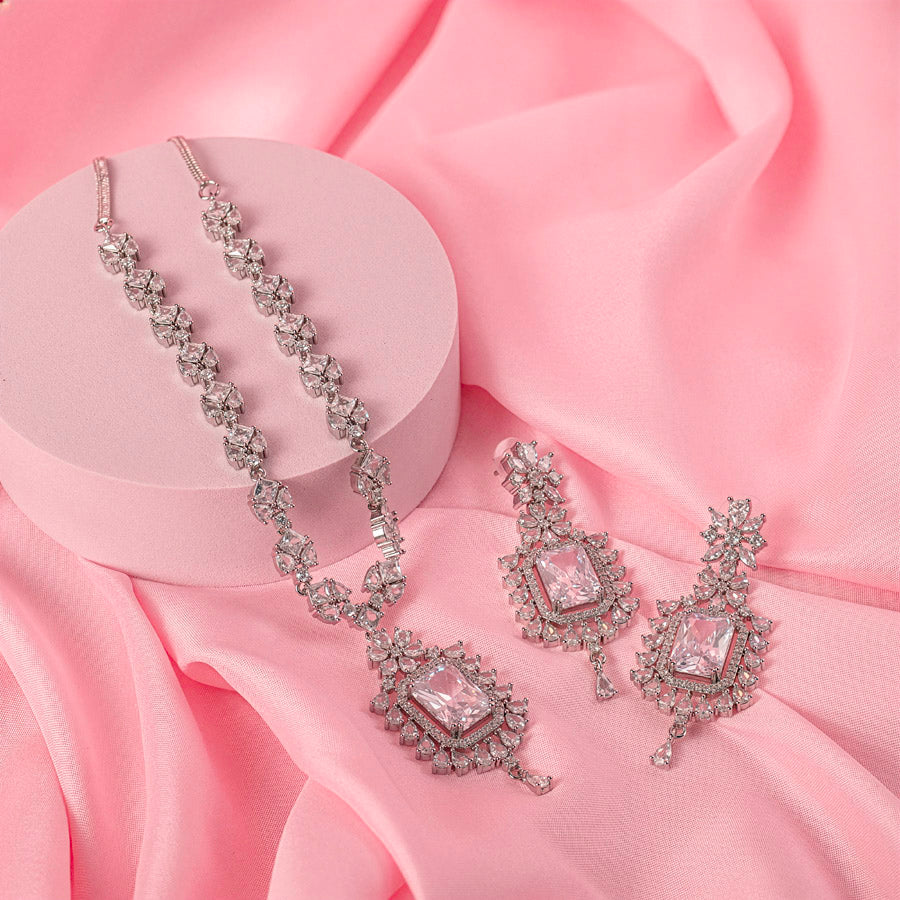 White Lightweight Silver Short American Diamond Necklace Set for Women for Occasion and Party Wear (MC-NS-009-AD-SL)