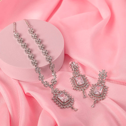 White Lightweight Silver Short American Diamond Necklace Set for Women for Occasion and Party Wear (MC-NS-009-AD-SL)