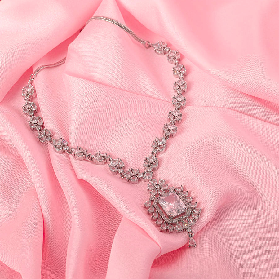 White Lightweight Silver Short American Diamond Necklace Set for Women for Occasion and Party Wear (MC-NS-009-AD-SL)