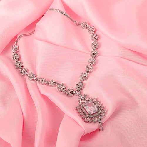 White Lightweight Silver Short American Diamond Necklace Set for Women for Occasion and Party Wear (MC-NS-009-AD-SL)