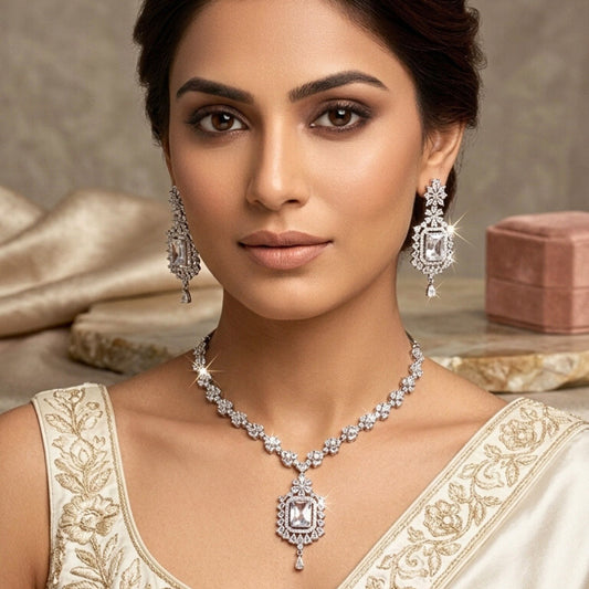 White Lightweight Silver Short American Diamond Necklace Set for Women for Occasion and Party Wear (MC-NS-009-AD-SL)