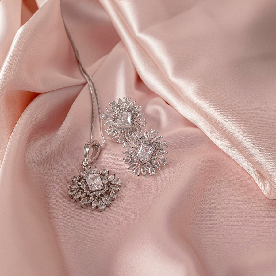 White Pendant Set Of American Diamond Light weight for Women for Occasion and Party Wear (MI - PEN - 006 - AD - SL) - The Indian Mudra