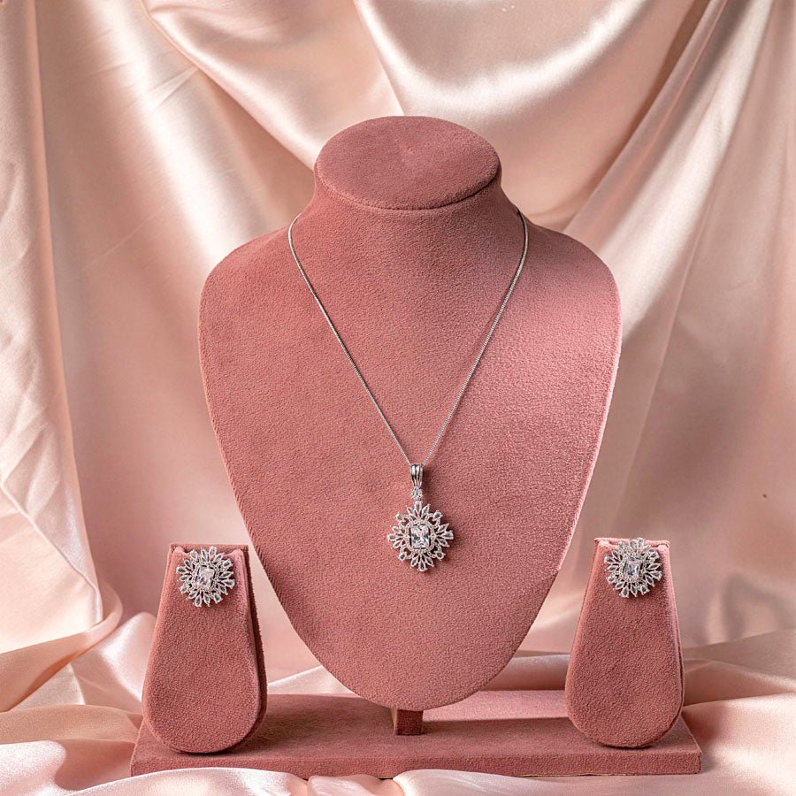 White Pendant Set Of American Diamond Light weight for Women for Occasion and Party Wear (MI - PEN - 006 - AD - SL) - The Indian Mudra