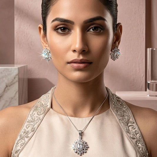 White Pendant Set Of American Diamond Light weight for Women for Occasion and Party Wear (MI - PEN - 006 - AD - SL) - The Indian Mudra