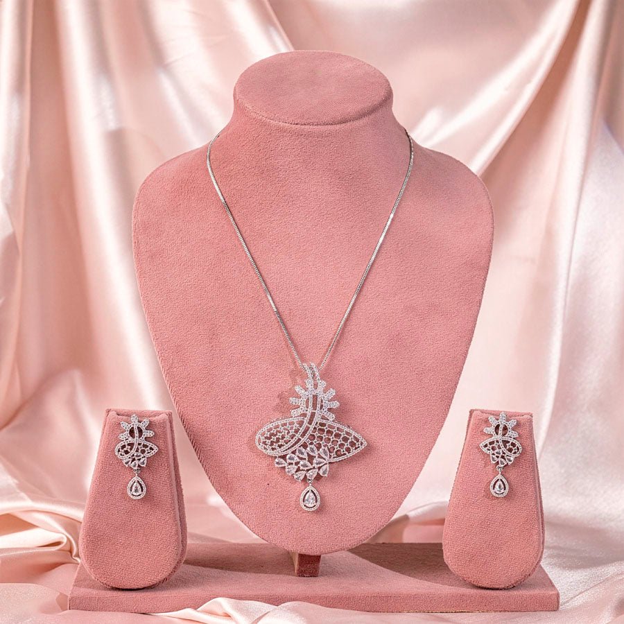 White Pendant Set of American Diamond Lightweight for Women for Occasion and Party Wear (MI - PEN - 005 - AD - SL) - The Indian Mudra