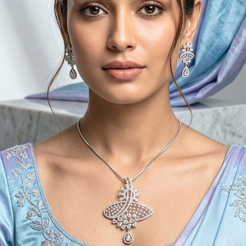 White Pendant Set of American Diamond Lightweight for Women for Occasion and Party Wear (MI - PEN - 005 - AD - SL) - The Indian Mudra