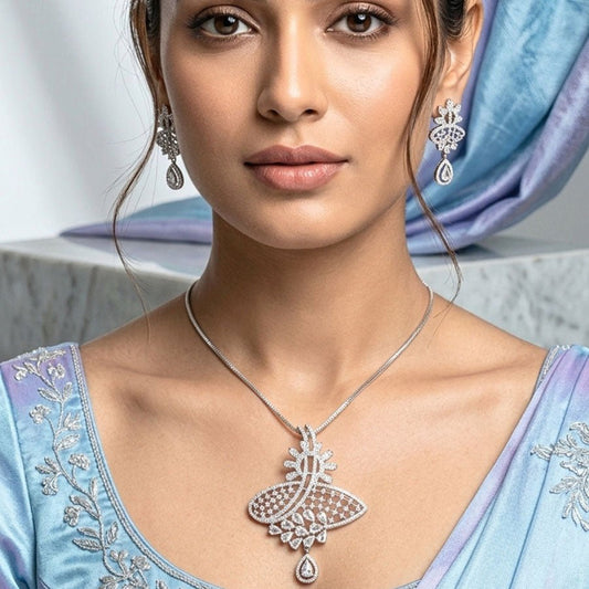 White Pendant Set of American Diamond Lightweight for Women for Occasion and Party Wear (MI - PEN - 005 - AD - SL) - The Indian Mudra
