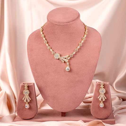 White Short Gold Lightweight American Diamond Necklace Set for Women for Occasion and Party Wear (MC-NS-007-AD-GD)