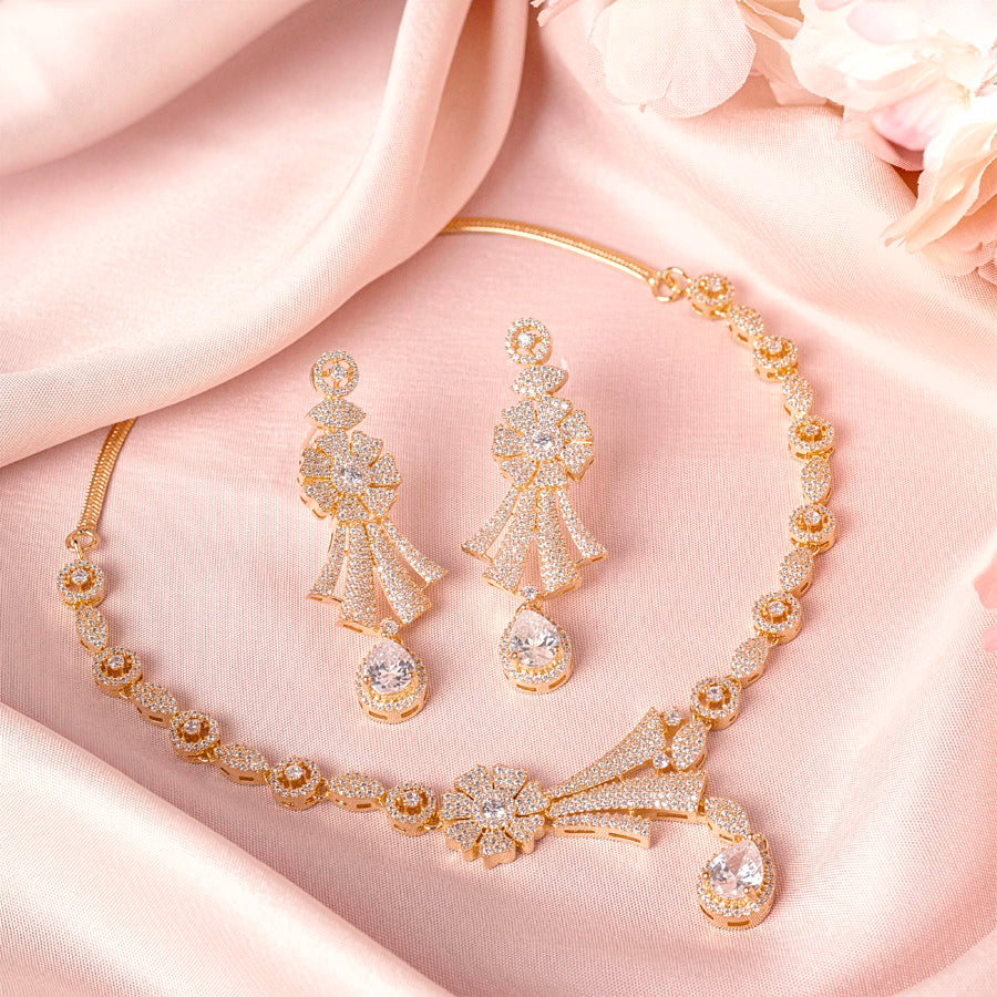 White Short Gold Lightweight American Diamond Necklace Set for Women for Occasion and Party Wear (MC-NS-007-AD-GD)