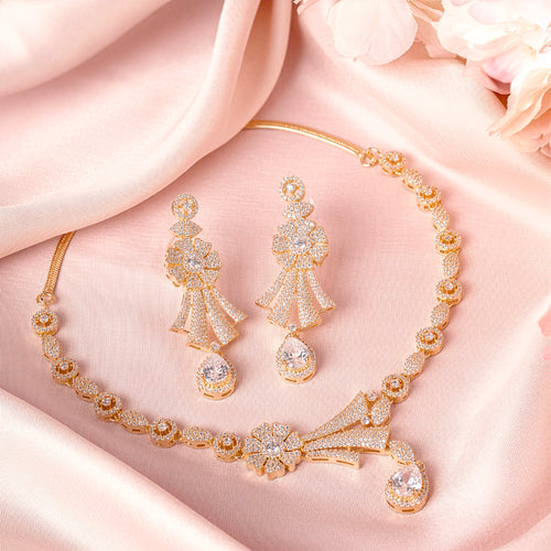 White Short Gold Lightweight American Diamond Necklace Set for Women for Occasion and Party Wear (MC-NS-007-AD-GD)