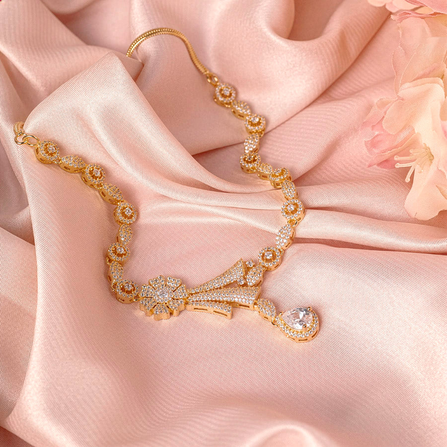 White Short Gold Lightweight American Diamond Necklace Set for Women for Occasion and Party Wear (MC-NS-007-AD-GD)