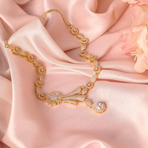 White Short Gold Lightweight American Diamond Necklace Set for Women for Occasion and Party Wear (MC-NS-007-AD-GD)