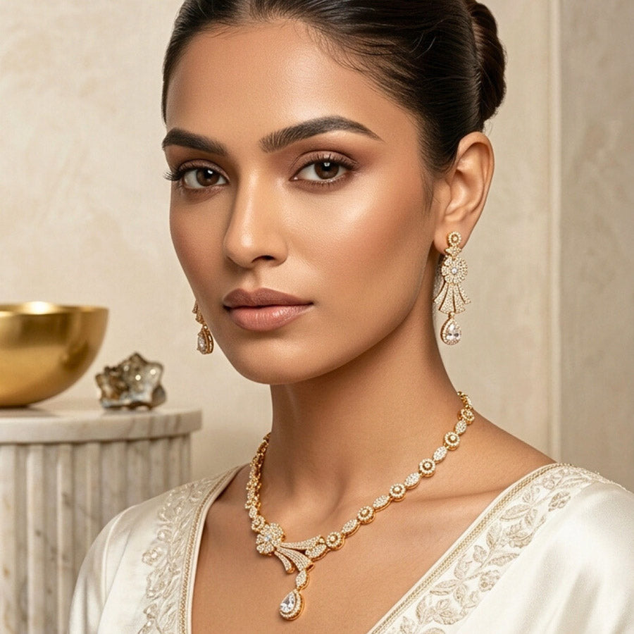 White Short Gold Lightweight American Diamond Necklace Set for Women for Occasion and Party Wear (MC-NS-007-AD-GD)
