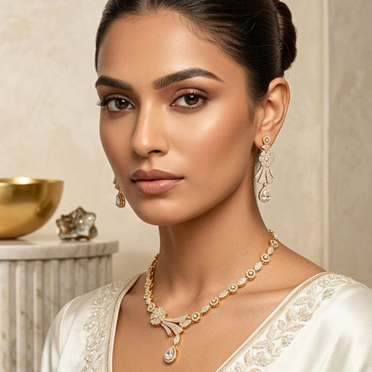White Short Gold Lightweight American Diamond Necklace Set for Women for Occasion and Party Wear (MC-NS-007-AD-GD)