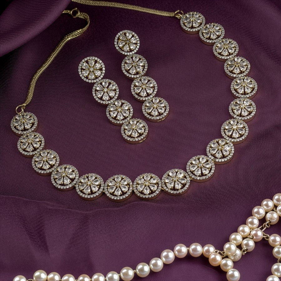 White Short Gold Polish Lightweight American Diamond Necklace Set for Women for Occasion and Party Wear (MC - NS - 028 - AD - GD) - The Indian Mudra