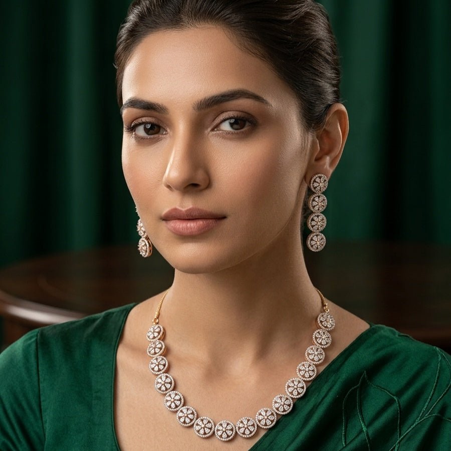 White Short Gold Polish Lightweight American Diamond Necklace Set for Women for Occasion and Party Wear (MC - NS - 028 - AD - GD) - The Indian Mudra