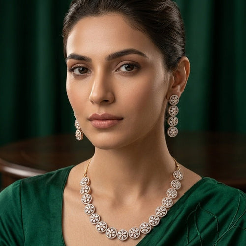 White Short Gold Polish Lightweight American Diamond Necklace Set for Women for Occasion and Party Wear (MC - NS - 028 - AD - GD) - The Indian Mudra