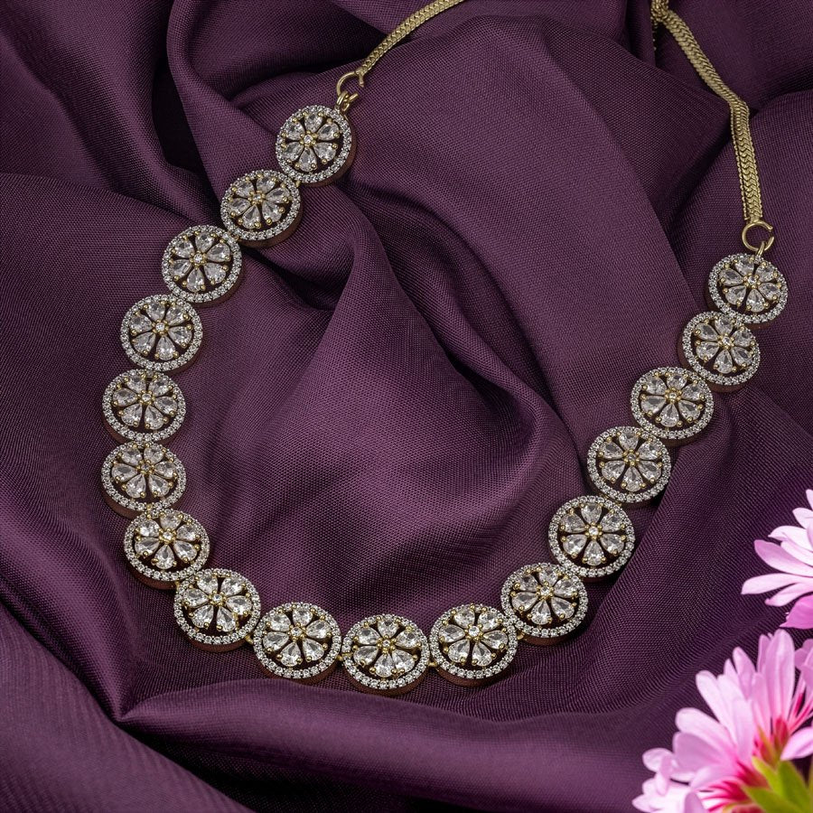 White Short Gold Polish Lightweight American Diamond Necklace Set for Women for Occasion and Party Wear (MC - NS - 028 - AD - GD) - The Indian Mudra