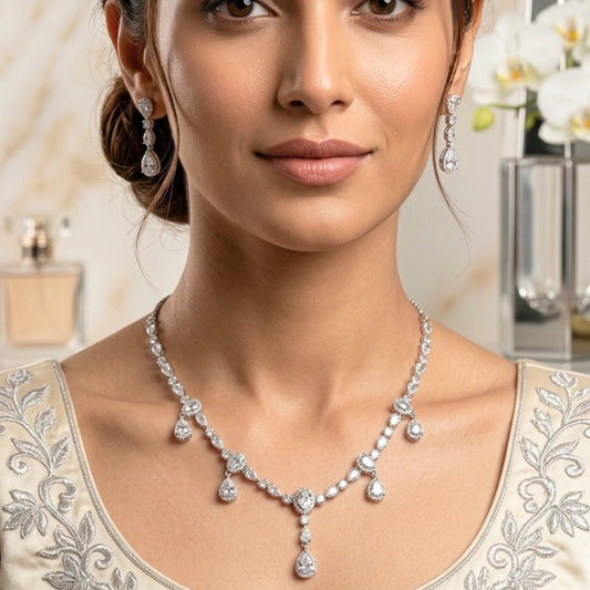 White short lightweight American Diamond Necklace Set online by The Indian Mudra