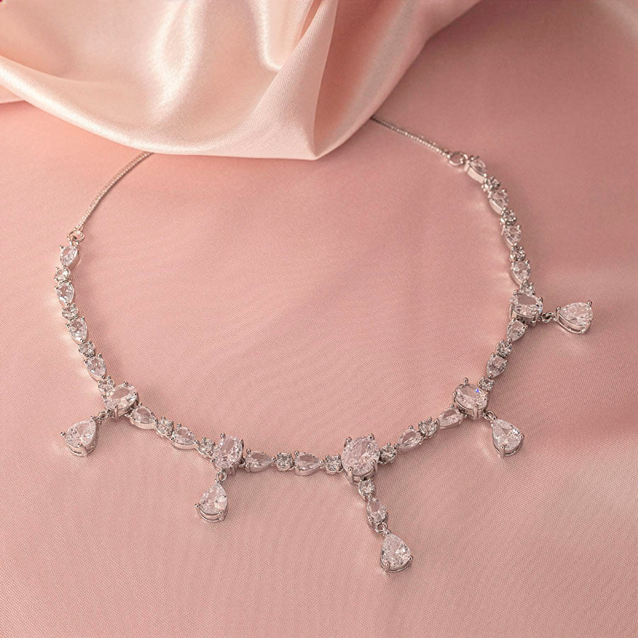 White Short lightweight American Diamond Necklace Set for Women for Occasion and Party Wear (MI - NS - 004 - AD - SL ) - The Indian Mudra