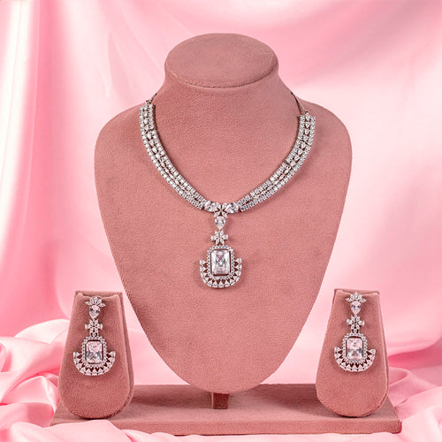 White Short Silver Lightweight American Diamond Necklace Set for Women for Occasion and Party Wear (MC-NS-014-AD-SL)
