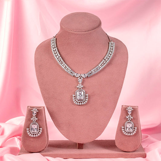 White Short Silver Lightweight American Diamond Necklace Set for Women for Occasion and Party Wear (MC-NS-014-AD-SL)