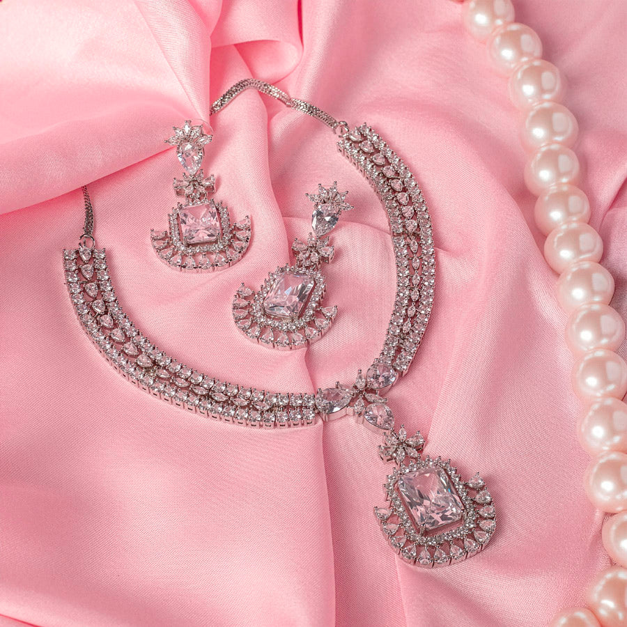 White Short Silver Lightweight American Diamond Necklace Set for Women for Occasion and Party Wear (MC-NS-014-AD-SL)