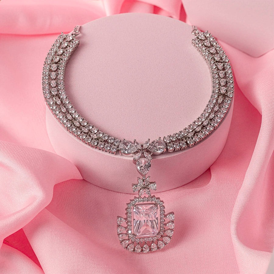 White Short Silver Lightweight American Diamond Necklace Set for Women for Occasion and Party Wear (MC-NS-014-AD-SL)