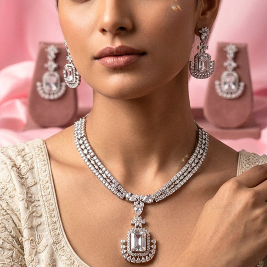White Short Silver Lightweight American Diamond Necklace Set for Women for Occasion and Party Wear (MC-NS-014-AD-SL)