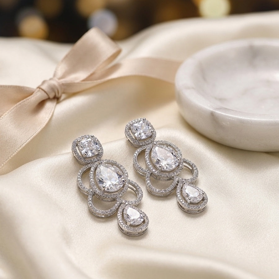 White Silver Polish Lightweight American Diamond Ear Rings for Women for Occasion and Party Wear (MC-ER-002-AD-SL)