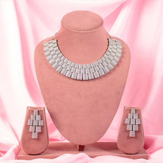 White Silver Lightweight Short American Diamond Necklace Set for Women for Occasion and Party Wear (MC-NS-011-AM-SL)