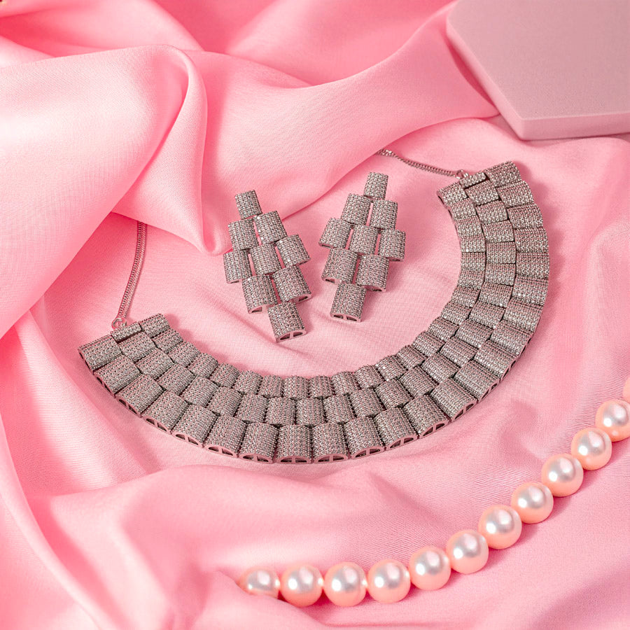 White Silver Lightweight Short American Diamond Necklace Set for Women for Occasion and Party Wear (MC-NS-011-AM-SL)