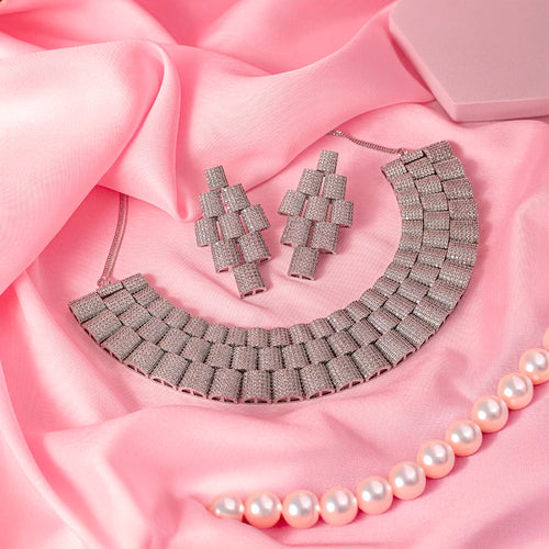 White Silver Lightweight Short American Diamond Necklace Set for Women for Occasion and Party Wear (MC-NS-011-AM-SL)