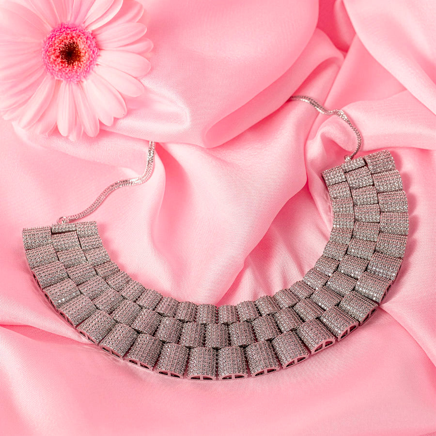White Silver Lightweight Short American Diamond Necklace Set for Women for Occasion and Party Wear (MC-NS-011-AM-SL)