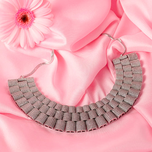 White Silver Lightweight Short American Diamond Necklace Set for Women for Occasion and Party Wear (MC-NS-011-AM-SL)