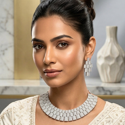 White Silver Lightweight Short American Diamond Necklace Set for Women for Occasion and Party Wear (MC-NS-011-AM-SL)