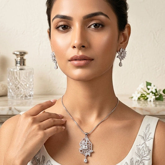 White Silver Polish American Diamond Pendant Set - The Indian Mudra