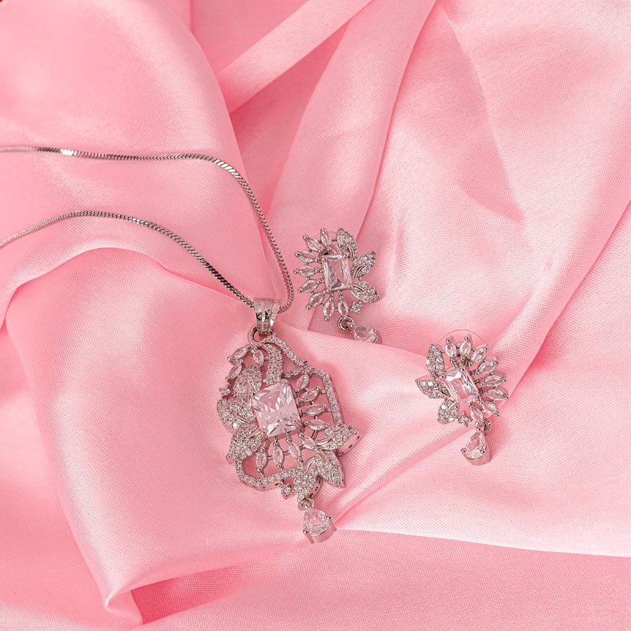 White Silver Polish American Diamond Pendant Set - The Indian Mudra