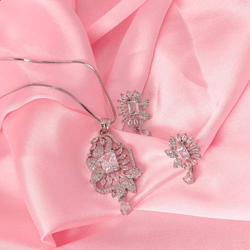 White Silver Polish American Diamond Pendant Set - The Indian Mudra