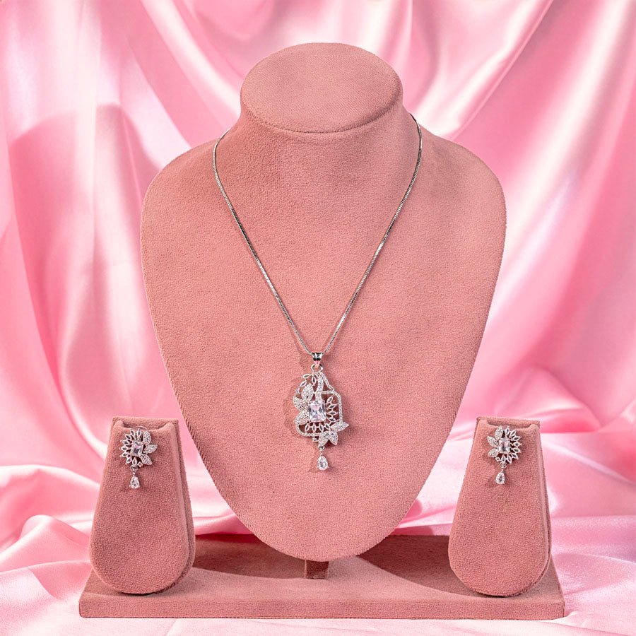 White Silver Polish American Diamond Pendant Set - The Indian Mudra