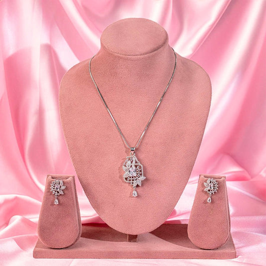 White Silver Polish American Diamond Pendant Set - The Indian Mudra