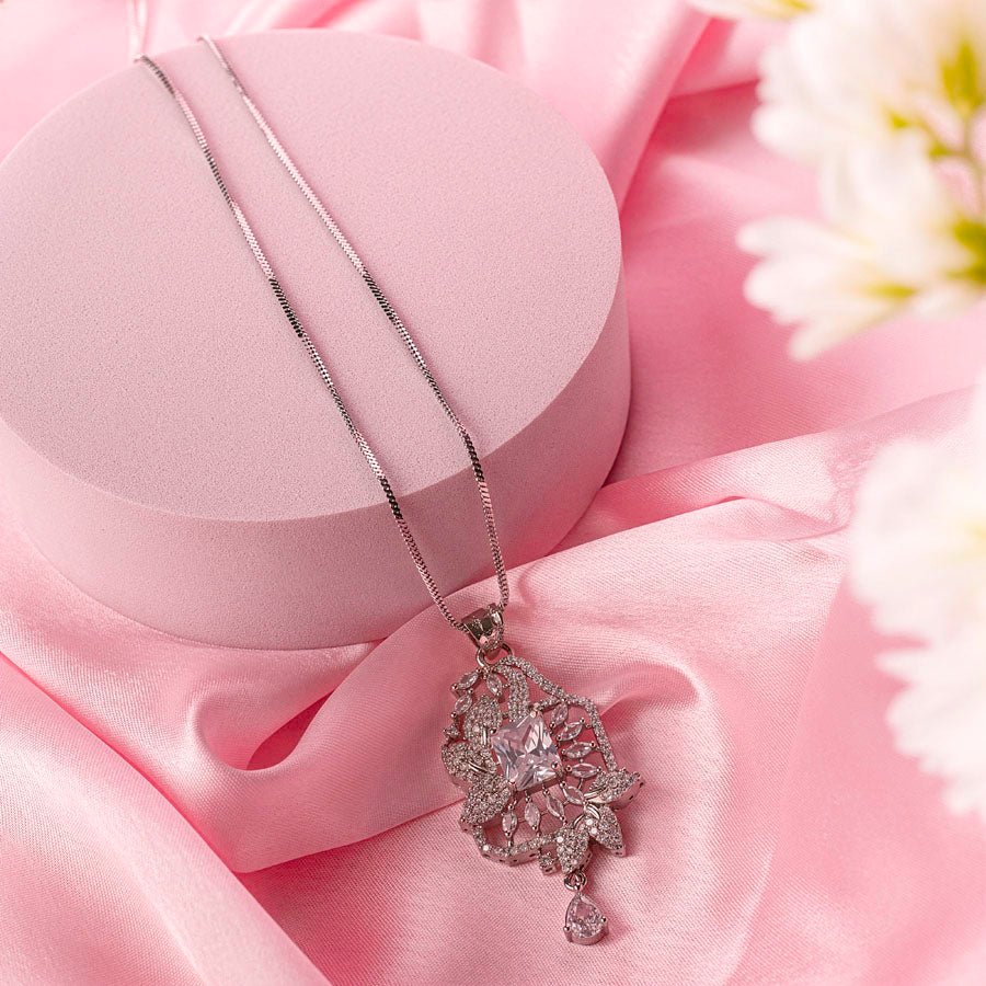 White Silver Polish American Diamond Pendant Set - The Indian Mudra