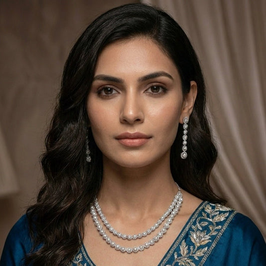 White Silver Polish Double Layered American Diamond Necklace Set for Women for Occasion and Party Wear (MC - NS - 025 - AD - SL - 1) - The Indian Mudra