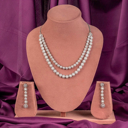 White Silver Polish Double Layered American Diamond Necklace Set for Women for Occasion and Party Wear (MC - NS - 025 - AD - SL - 1) - The Indian Mudra