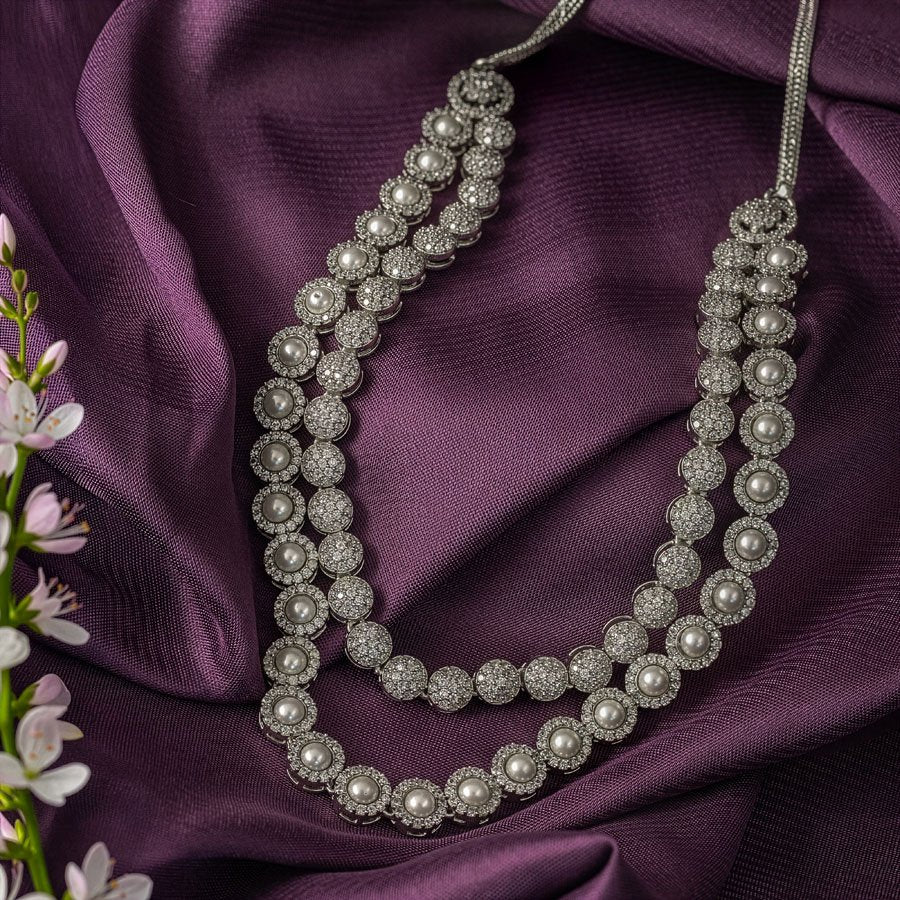 White Silver Polish Double Layered American Diamond Necklace Set for Women for Occasion and Party Wear (MC - NS - 025 - AD - SL - 1) - The Indian Mudra