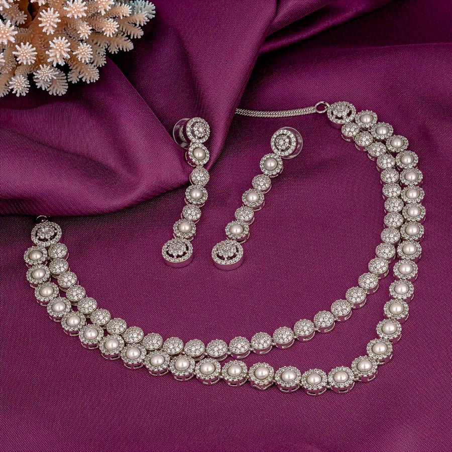White Silver Polish Double Layered American Diamond Necklace Set for Women for Occasion and Party Wear (MC - NS - 025 - AD - SL - 1) - The Indian Mudra