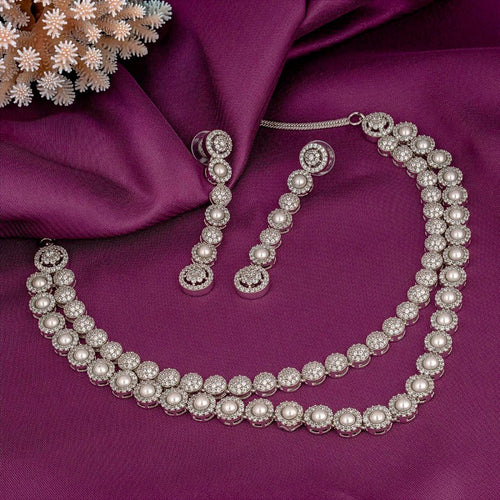 White Silver Polish Double Layered American Diamond Necklace Set for Women for Occasion and Party Wear (MC - NS - 025 - AD - SL - 1) - The Indian Mudra