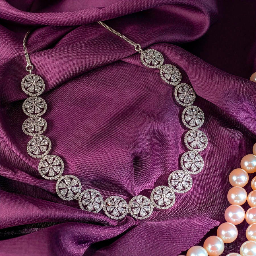 White Silver Polish Lightweight American Diamond Necklace Set for Women for Occasion and Party Wear (MC - NS - 028 - AD - SL) - The Indian Mudra