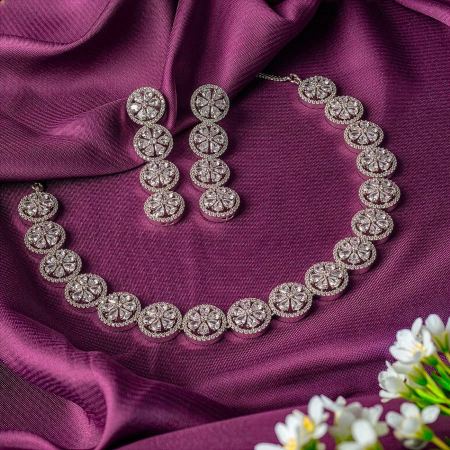 White Silver Polish Lightweight American Diamond Necklace Set for Women for Occasion and Party Wear (MC - NS - 028 - AD - SL) - The Indian Mudra