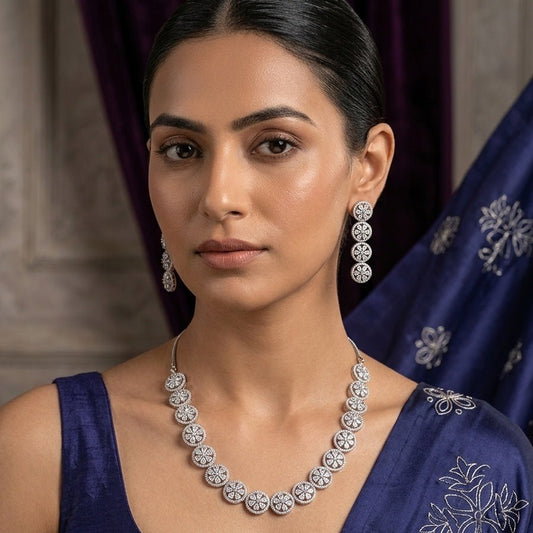 White Silver Polish Lightweight American Diamond Necklace Set for Women for Occasion and Party Wear (MC - NS - 028 - AD - SL) - The Indian Mudra